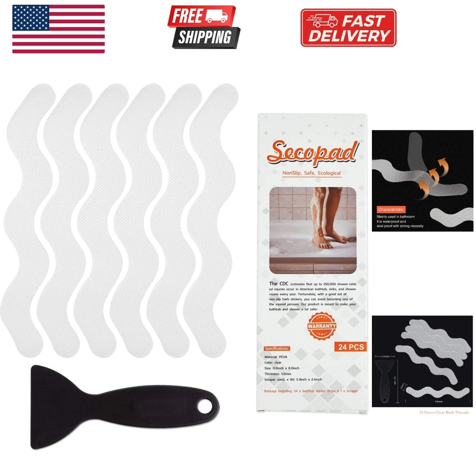 Secopad Anti Slip Shower Stickers 24 Pcs Safety Bathtub Strips Adhesive Decals W