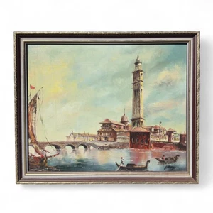 Antique Italian Waterway Canal Scene Painting - Bild 1 von 8