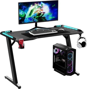 LED Ergonomic Gaming Desk Computer Table with Cup Holder Cable Management, White - Picture 1 of 42