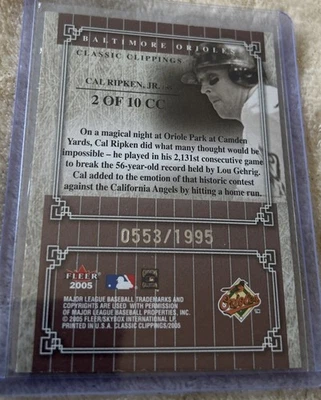 2005 Fleer Classic Clippings Official Box Score /1995 Cal Ripken Jr #2CC HOF - Image 1 of 2
