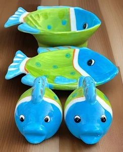 Dennis East Tropical Green Blue Fish Plate Bowl Salt Pepper Shakers Ceramic Set - Picture 1 of 11