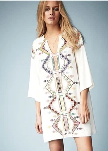 Kate Moss Topshop creme Kaftan Azteken bestickt Folk Tunika Top Kleid UK 10 38 6 - Bild 1 von 8