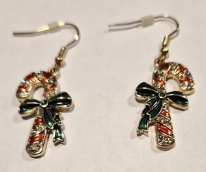 Christmas Holiday Pierced Dangle Candy Cane Gold Tone & Red Earrings 1" - Picture 1 of 2