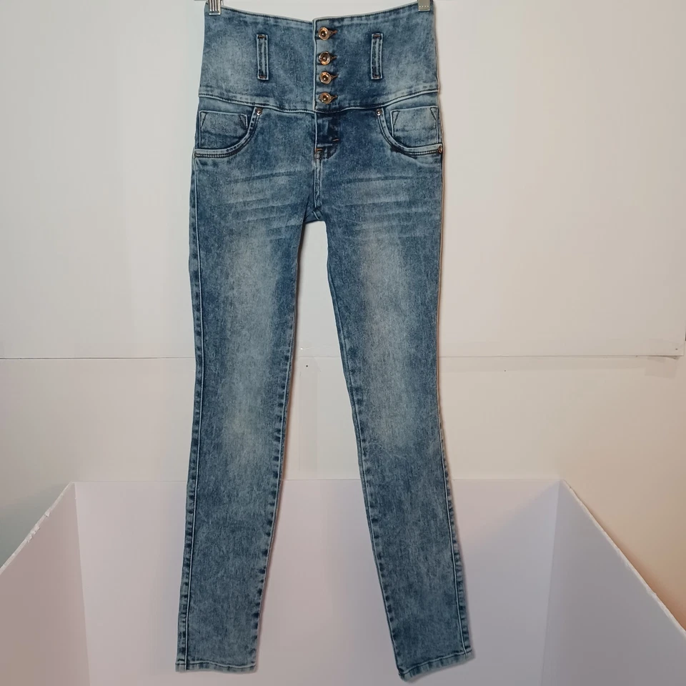 Pantalones de mezclilla Franka Butt Lifting para mujer Jr talla 3 azul lavado ácido ajustados tiro alto 24X31 Foto 1 de 4