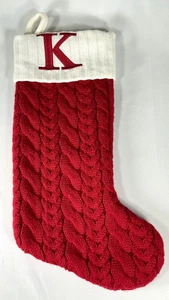 St. Nicholas Square Christmas Stocking Initial “K” Monogram Red White Cable Knit - Picture 1 of 4