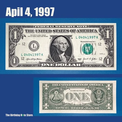 April 4, 1997 Birthday Anniversary $1 One Dollar Bill Serial Number 04041997 - Image 1 of 2