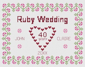 Cross Stitch Wedding Anniversary Sampler Kit or Pattern - Florashell - Ruby - Picture 1 of 1