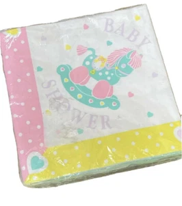 Vtg 90s Baby Shower Napkins Rocking Horse Party Paper Luncheon Pastel Hearts - Picture 1 of 5