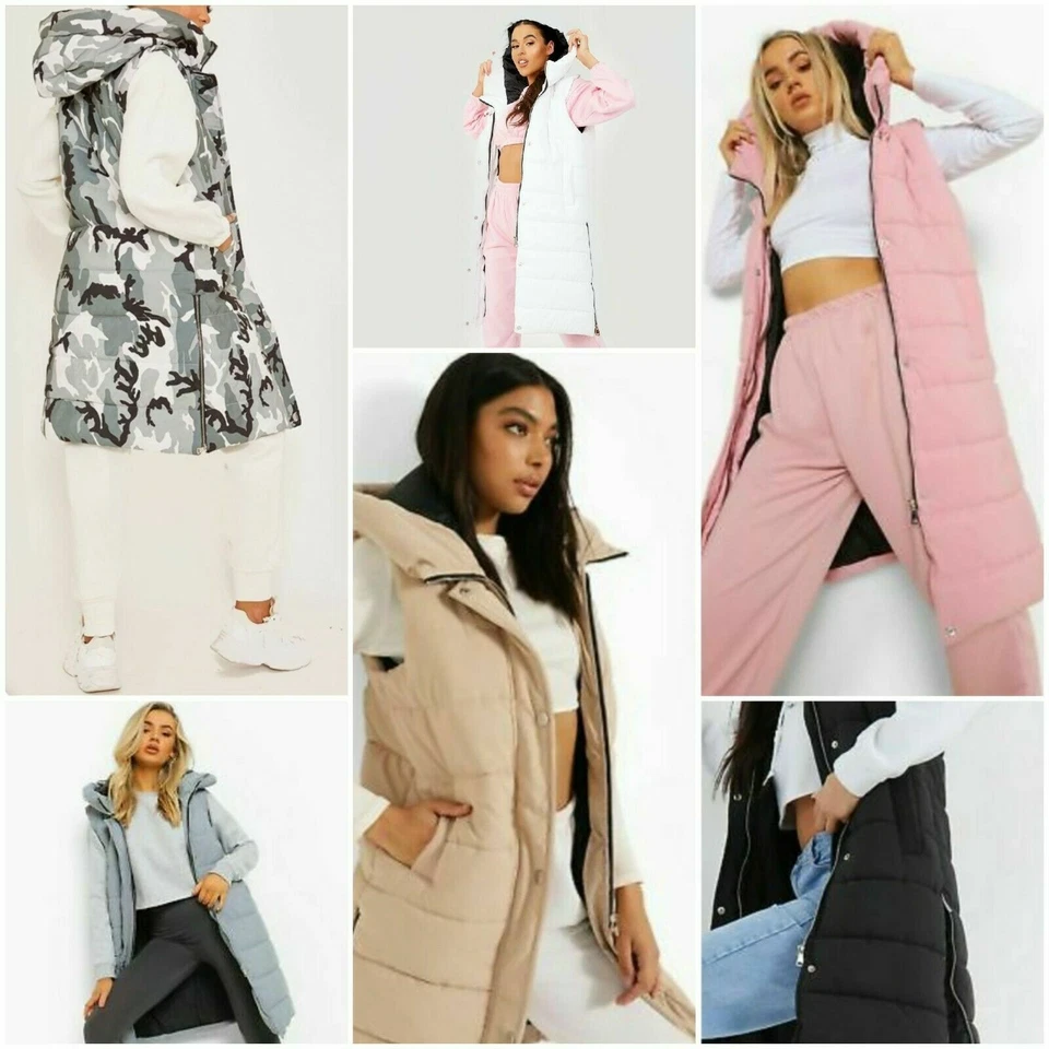 Ladies Women' New Hooded Long Line Puffer Gilet Jacket  Body Warmer (UK S - 4XL) - Image 1 of 1
