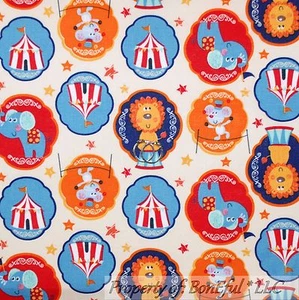 BonEful Fabric FQ Cotton Quilt Unisex Rainbow Circus Tent Stripe Lion Mouse Star - Picture 1 of 9