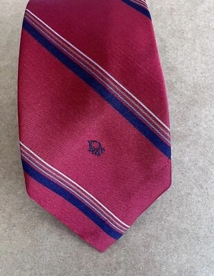 Vintage Christian Dior Logo Stripe Necktie Navy Red Tie Embroidered Logo Dior - Изображение 1 из 4