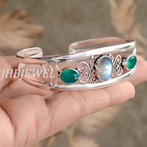 VALENTINO Bracciale in argento sterling 925 con pietra preziosa labradorite e onice verde per fidanzata