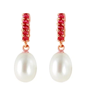 14K. SOLID GOLD RUBY EARRINGS WITH DANGLING BRIOLETTE PEARLS - Picture 1 of 20
