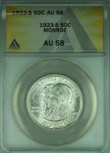1923-S Monroe Commemorative Silver Half 50c Coin ANACS AU-58 (39B) - Picture 1 of 2