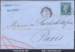 FRANCE N°22 SUR LETTRE AVEC AMB BxB2° BAYONNE A BORDEAUX + CAD DU 11/12/1863 - Picture 1 of 2