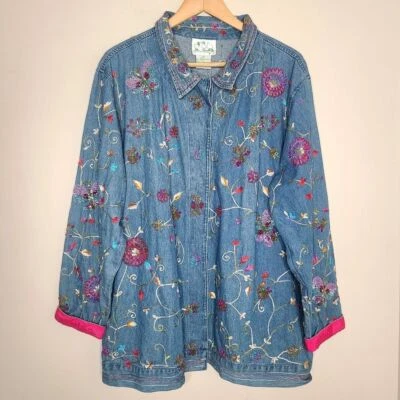 The Quacker Factory Embroidered Beaded Cotton Jacket Shacket Size 1X - Image 1 of 4