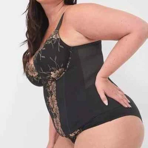 Lane Bryant Cacique Corset Bra 40DD Black Metallic Floral Lace Underwire Boned - Picture 1 of 13