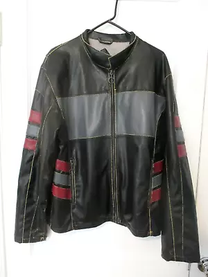 VTG BC ETHIC FAUX LEATHER MENS MOTORCYCLE JACKET BLACK/RED/GRAY DISTRESSED LARGE - Image 1 of 4