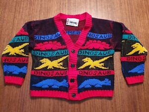 Vintage Childrens Hot Cashews Dinosaur Cardigan Sweater Red Blue Green Size 2T? 
