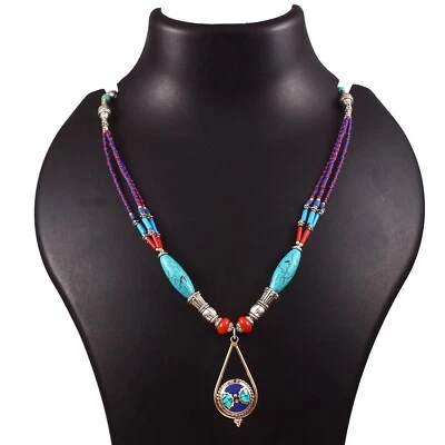 Turquoise, Lapis Gemstone Tibetan 925 Sterling Silver Necklace Jewelry 18 inch - Image 1 of 4