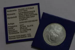🧠🇩🇪 GERMANY 5 Mark 1977 J - Silver 0.625 - Carl Friedrich Gauss WITH COA B71 - Picture 1 of 2