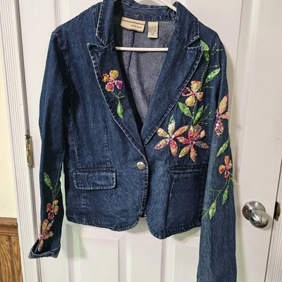 Carrie Allen Denim Jacket Floral Sequins Women's Sz XL Boho Hippie Country Core - Image 1 of 4