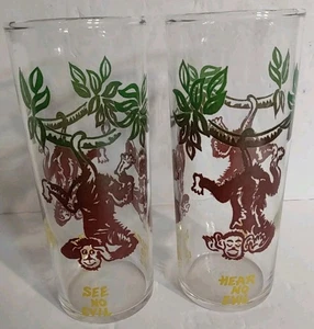 2 SWANKY SWIG MONKEY MCM 6" DRINKING GLASSES TUMBLERS SPEAK - HEAR - SEE NO EVIL - Picture 1 of 14