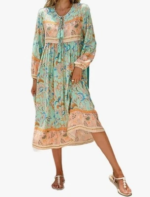 R. Vivimos Womens Sz L Boho Midi Prairie Dress Cottagecore Hippie Floral Tassel - Image 1 of 4