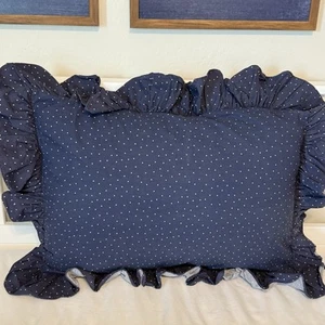 Vintage Ralph Lauren Navy Blue w/ White Polka Dots Ruffled Standard Pillow Sham - Picture 1 of 12