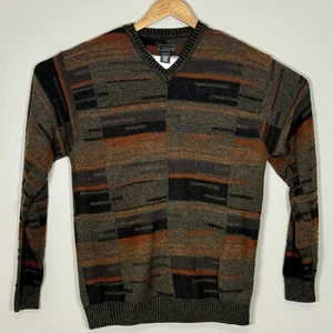 90s Cezani Geometric Sweater Mens L  Grandpa V Neck Wool Blend Blk Orange VTG - Picture 1 of 9