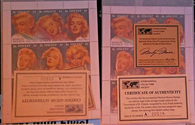 💎Marilyn Monroe Stamp Sheets (2) MNH VF/XF · St. Vincent $1 · Dual COA · 1994 - Image 1 of 4