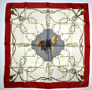 Celine Paris Silk Scarf Red White Pleated Design, Gold Horse, France 34” x34” - Picture 1 of 14