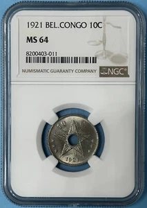 Belgium Congo 1921 10 Centimes CN Nice Choice BU 2nd Graded NGC MS64 KM#18 - Picture 1 of 2