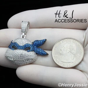 925 STERLING SILVER ICY CZ TEENAGE MUTANT NINJA SILVER/BLUE TURTLE PENDANT*P413 - Picture 1 of 4