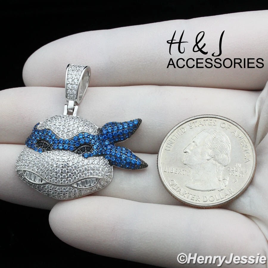 PLATA ESTERLINA 925 CIRCONITA HELADA ADOLESCENTE MUTANTE NINJA PLATA/TORTUGA AZUL COLGANTE*P413 Foto 1 de 1