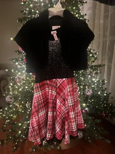Justice Girls 12 Black Sparkle & Red Plaid Dress Faux Fur Bolero 12 Christmas - Picture 1 of 15