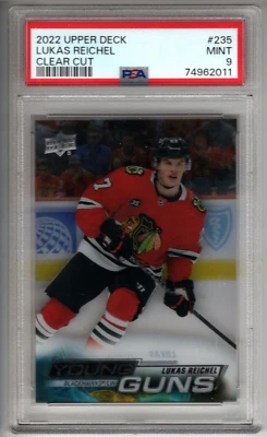 LUKAS REICHEL 2022-23 Upper Deck YOUNG GUNS Clear Cut ROOKIE PSA 9 Mint Hawks RC - Image 1 of 2