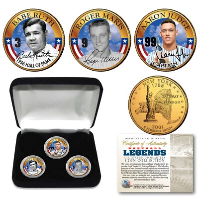 RUTH / MARIS / JUDGE NY State Quarters 24K Gold Clad HR Record 3-Coin Set w/BOX - Image 1 of 3