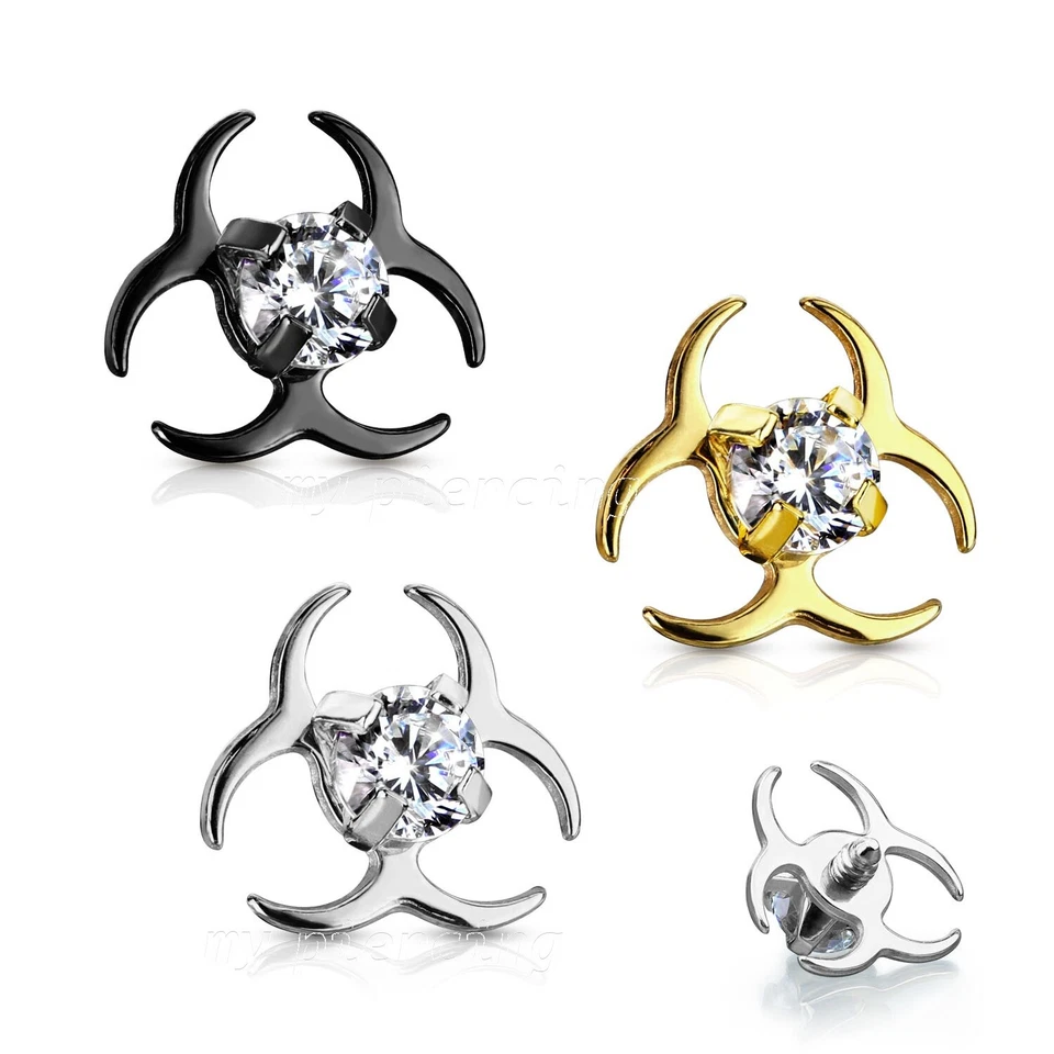 Símbolo de riesgo biológico 14G circonita cúbica centrada roscada internamente acero quirúrgico tapa dérmica Foto 1 de 1