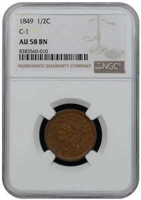 1849 Half Cent C-1 NGC AU58 BN - Image 1 of 2