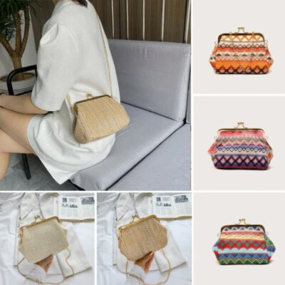 Women Straw Handbag Snap Shoulder Bag Woven Clasp Pouch Shell Shape Chain Bag - Image 1 of 4