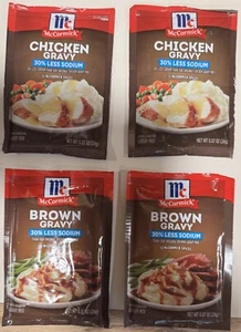 4 McCormick 30% Less Sodium Gravy packs 2 each of Brown Gravy and Chicken Gravy - Picture 1 of 1