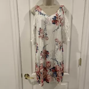 Taford White XXL Floral Cold Shoulder Dress Short Lace Sleeve VneckRoses Pink - Picture 1 of 18