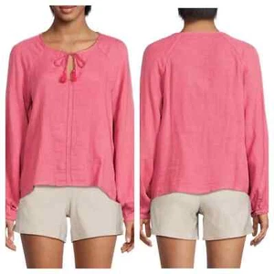 Faherty Celina Pink Puff Sleeve Top Size M Gauzy Peasant Blouse Organic Cotton - Picture 1 of 10