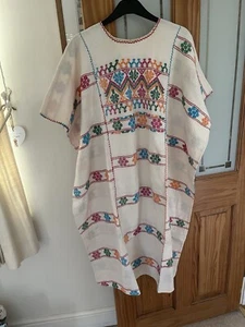 Vestido Caftán Tejido a Mano Mexicano Huipil Tres Paneles Crema Cosido a Mano XL - Imagen 1 de 7