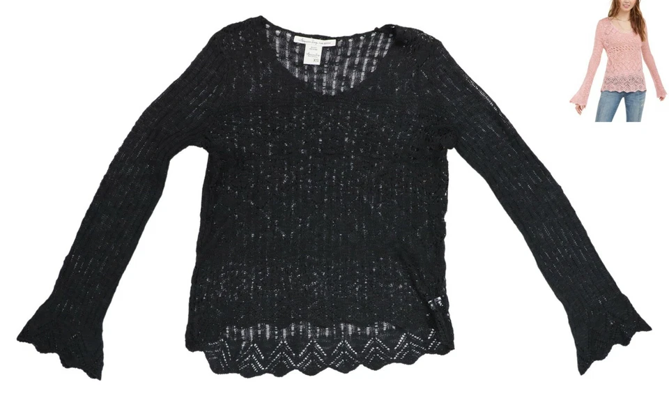 American Rag Pointelle Knit Flared Long Sleeve Juniors Sweater XS NWT Black - Image 1 of 1