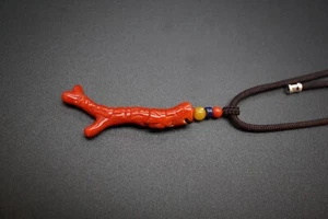 Natural Red Coral Pendant Coral Branch Charm Carved Om Mani Padme Hum Coral 26'' - Picture 1 of 10