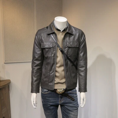 Retro Workwear Men's Leather Jacket Slim Fit Motorcycle Casual Leather Jackets - Image 1 of 4