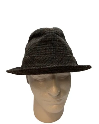 Vintage  Stetson Fedora Hat 100% Wool Tweed Plaid Dark Gray Maroon Blues USA - Image 1 of 4