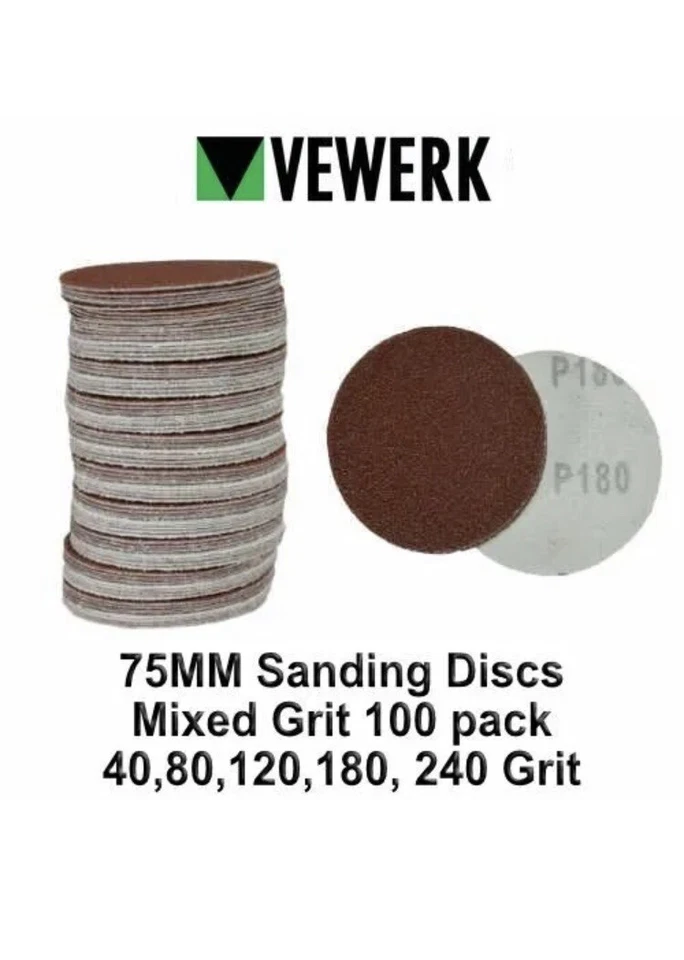 Vewerk X 100 Mixed Grit 75mm 3" Sanding Discs Hook and Loop 40-240 Grade 8180